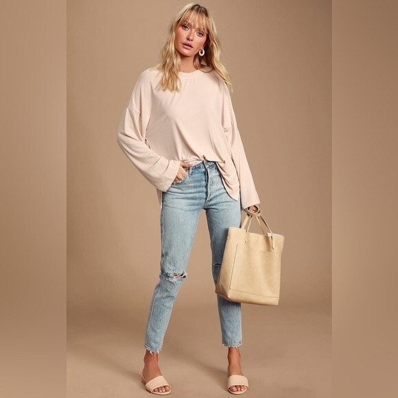 Lulus Sz S Mercurio Beige Ribbed Long Sleeve Top - Picture 7 of 11